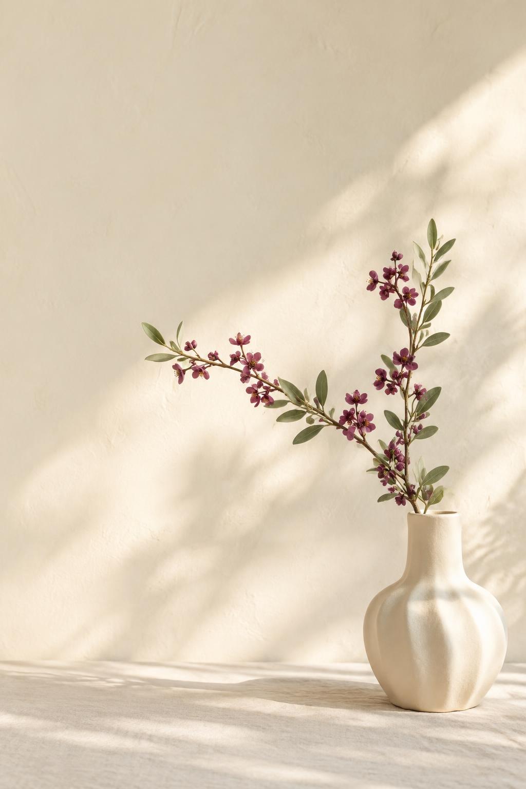 Ramo de flores em um vaso claro, iluminado pelo sol